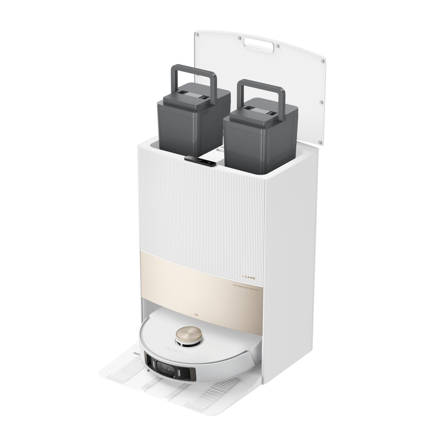 Oplaadstation voor robotstofzuiger met twee accupacks en een witte en gouden behuizing.