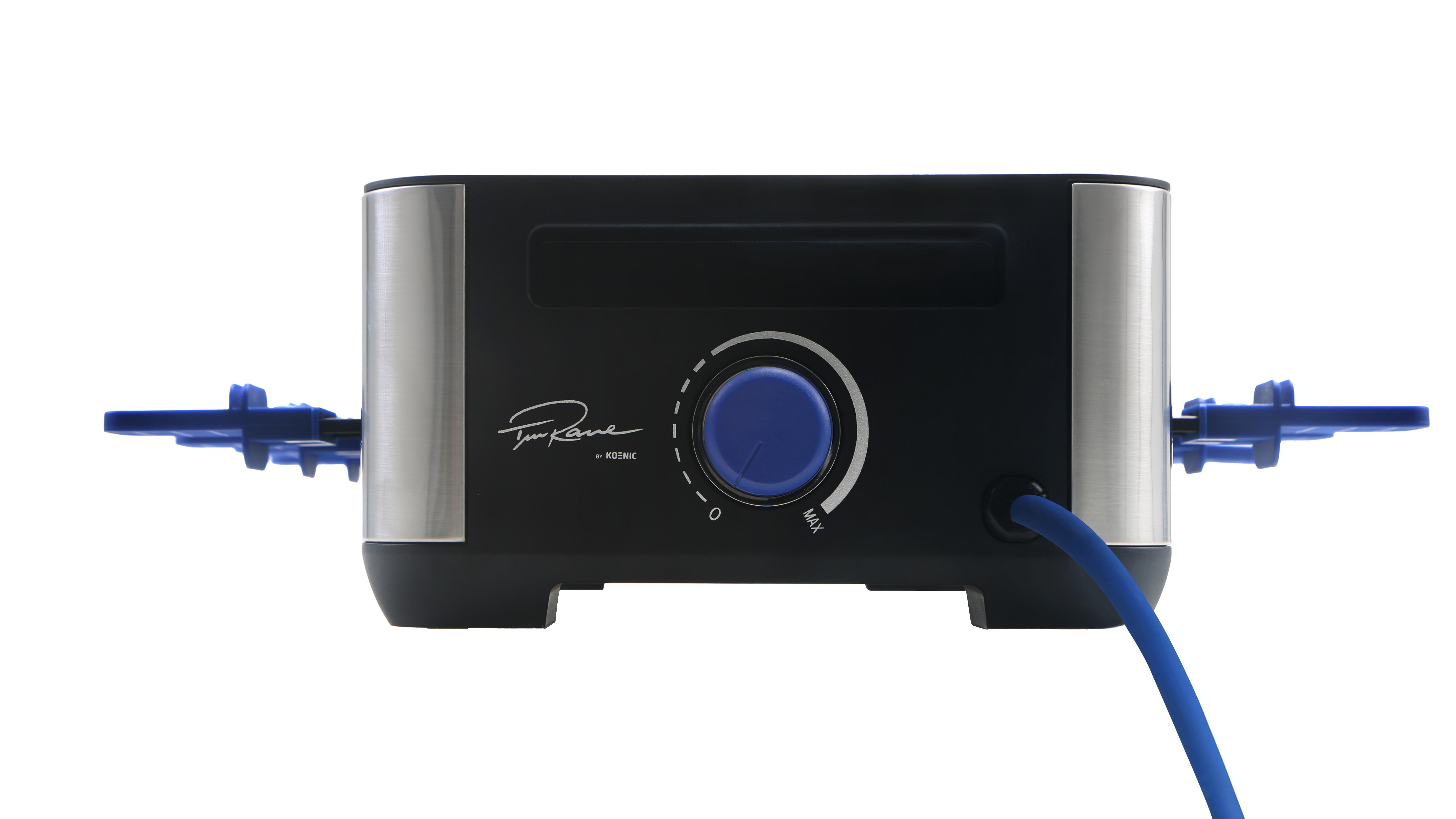 Ein schwarzer und Edelstahl-Toaster mit Drehknopf, Knöpfen und blauen Hebeln, vor weißem Hintergrund.