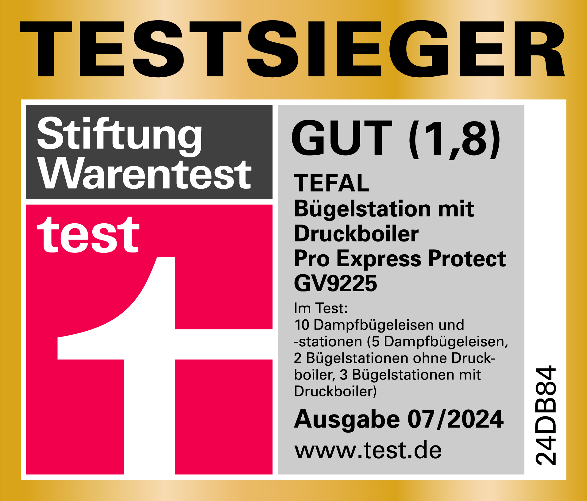 Ein rot-weißes Abzeichen mit dem Text 'TESTSIEGER' und einer Zahl.
