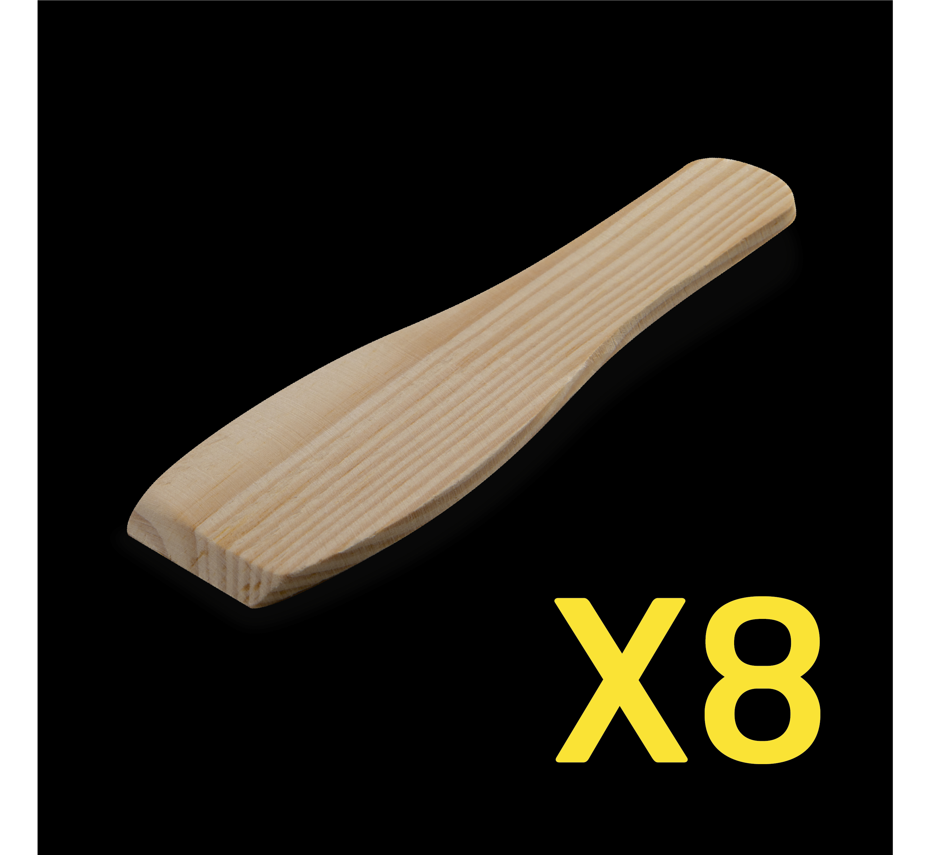 Acht Holzpaddel auf schwarzem Hintergrund mit gelbem Text "X8".