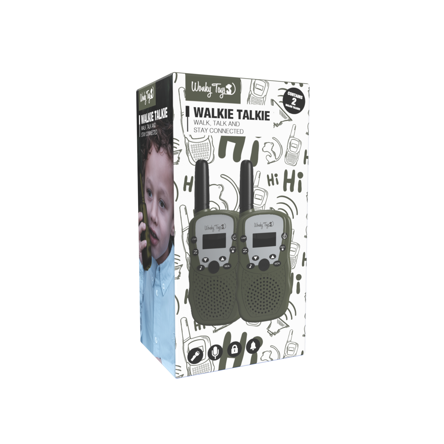 A box of two green walkie-talkies. The box displays images of children using the devices.