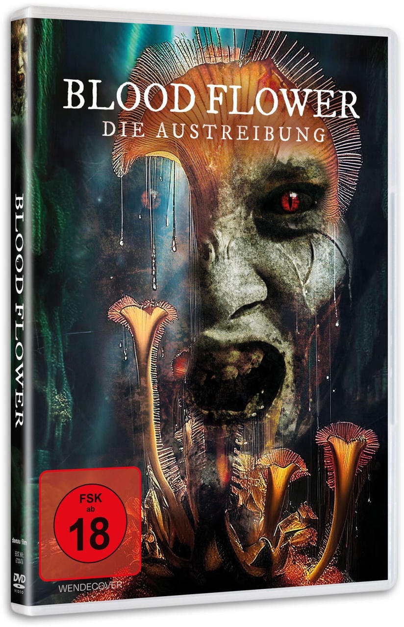 DVD-Cover für Blood Flower. Ein groteskes Gesicht mit ausbrechenden Pilzen. Text: Blood Flower, Die Austreibung.
