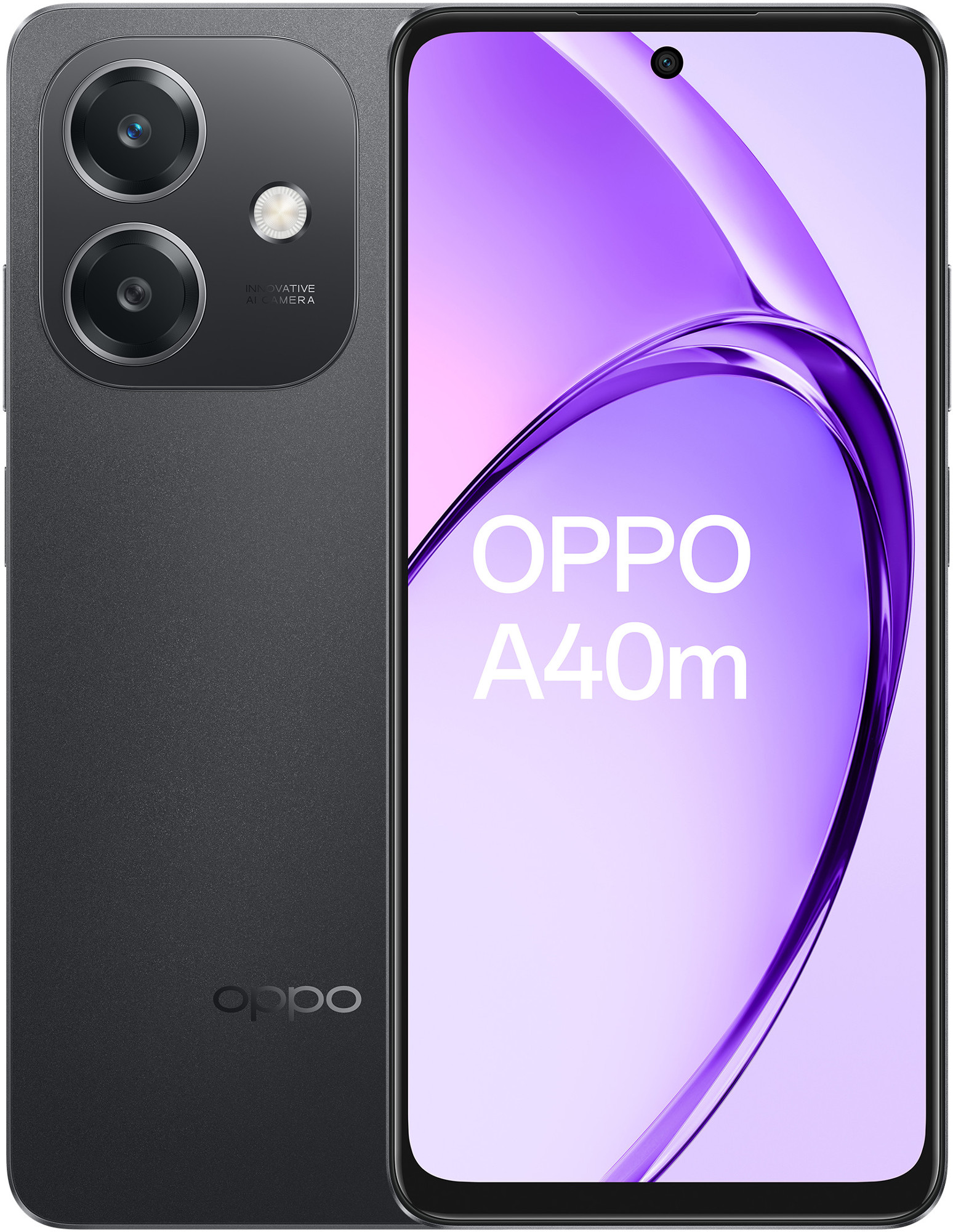Czarny i szary smartfon Oppo A40m, wyświetlający widoki z przodu i z tyłu.
