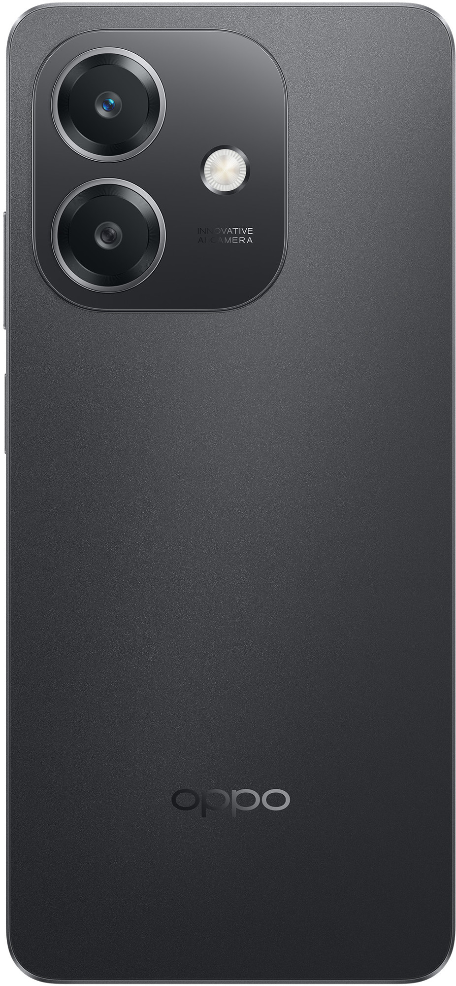Tył ciemnoszarego telefonu Oppo, z dwoma aparatami i logo Oppo.