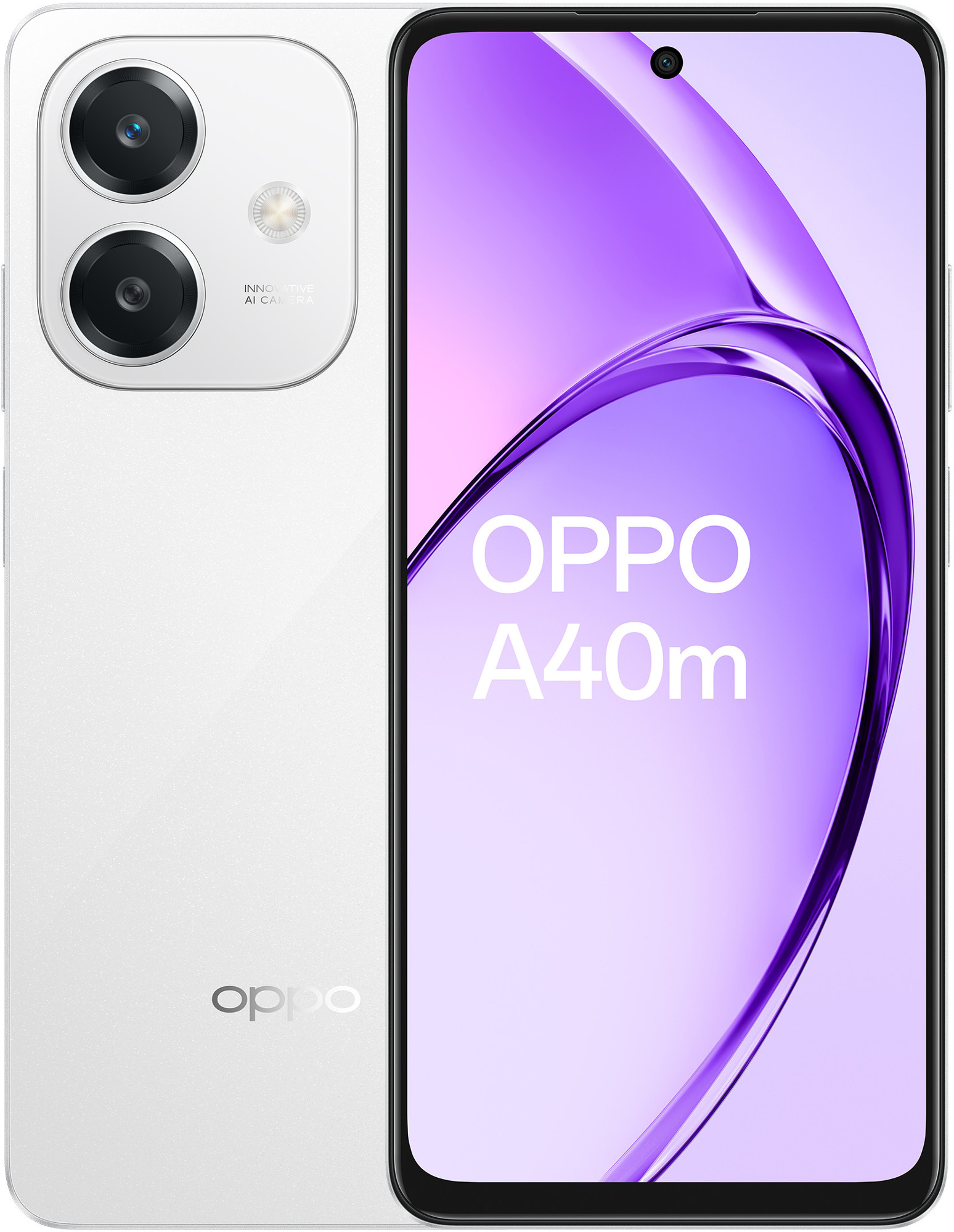 Biały smartfon Oppo A40m. Posiada podwójne tylne aparaty i przedni aparat.