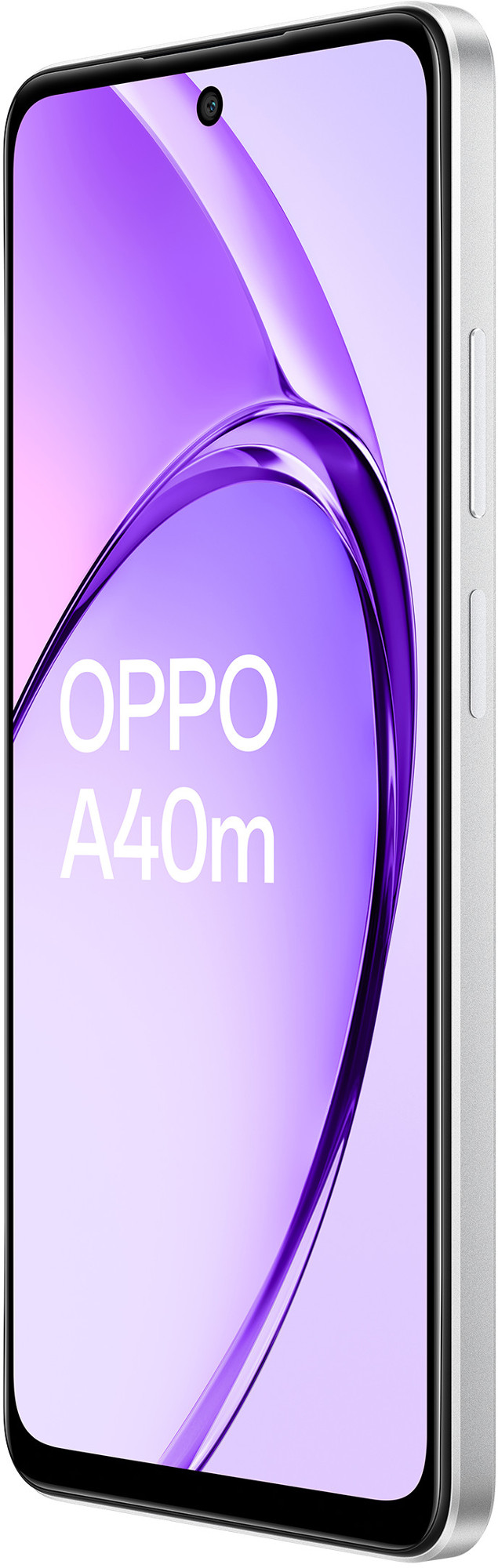 Biało-srebrny telefon z logo OPPO A40m.