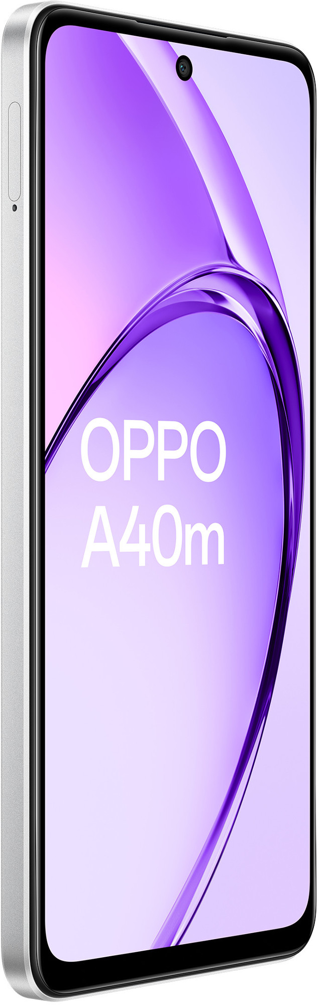 Srebrny smartfon z dużym ekranem wyświetlającym fioletowy gradient.