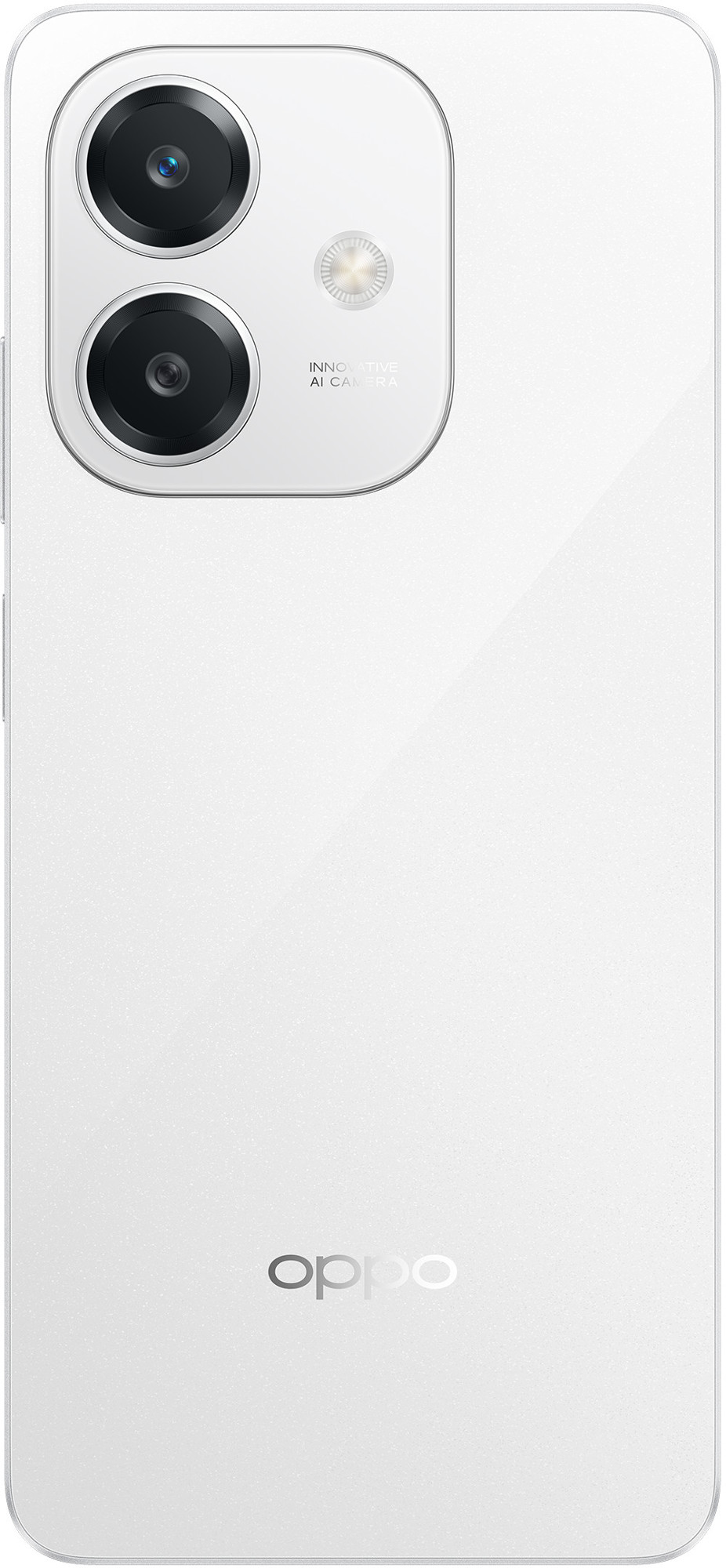 Tył białego telefonu Oppo. Dwa aparaty i lampa błyskowa. Logo Oppo na dole.