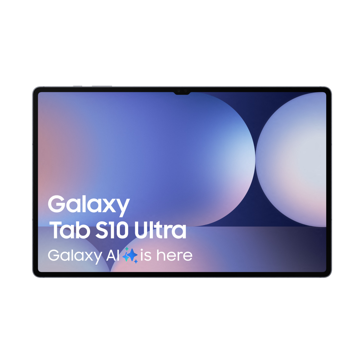 A tablet with a screen displaying blue and white text with the words Galaxy Tab S10 Ultra.