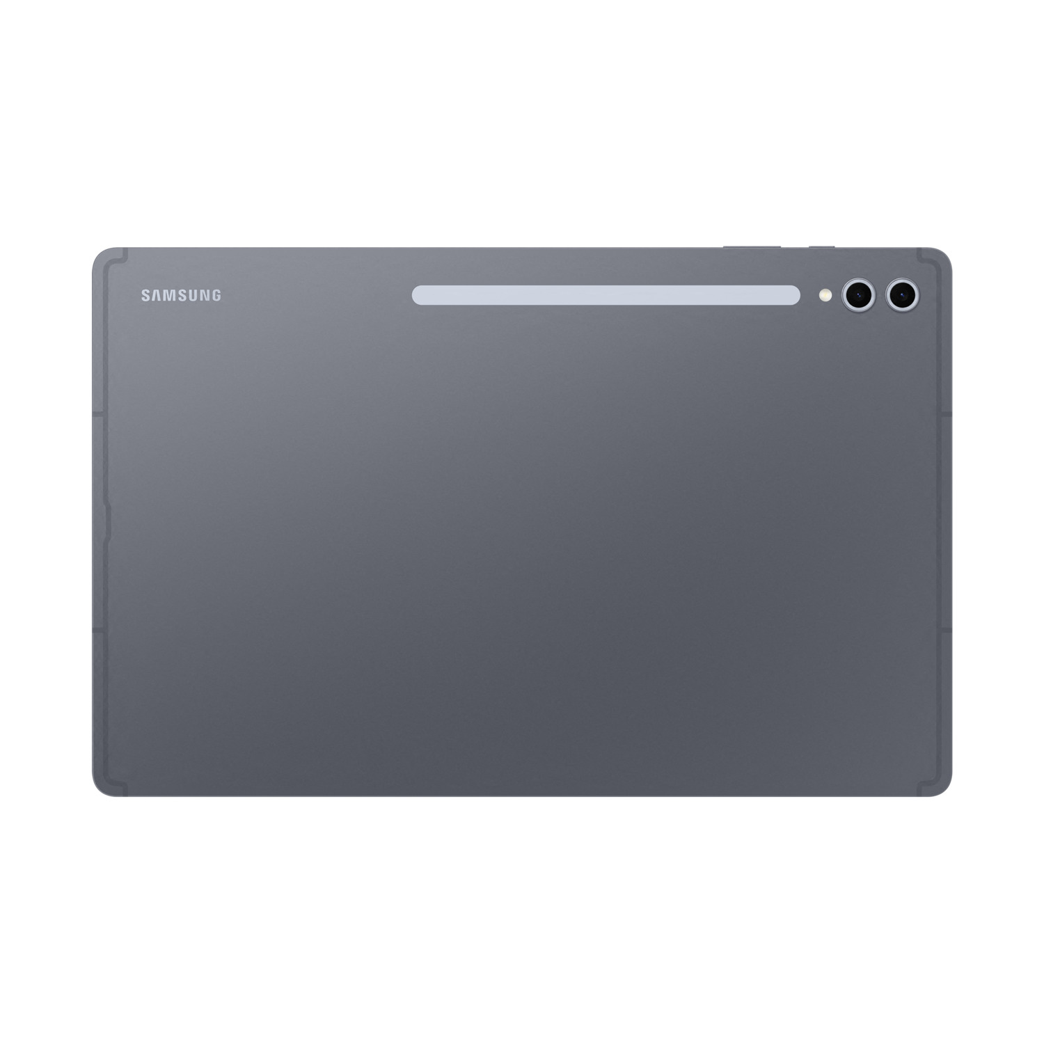 Tablet back: gray, Samsung logo, camera, and a stylus holder.