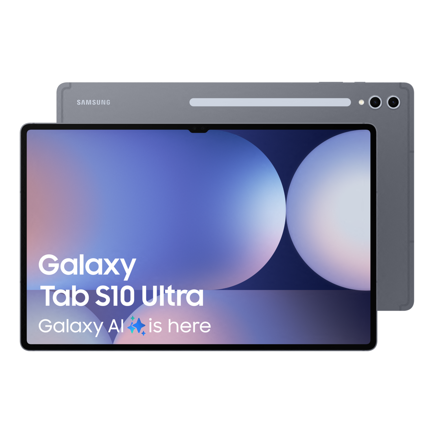 Une tablette gris foncé avec les mots Galaxy Tab S10 Ultra sur l'écran. Arrière de la tablette.