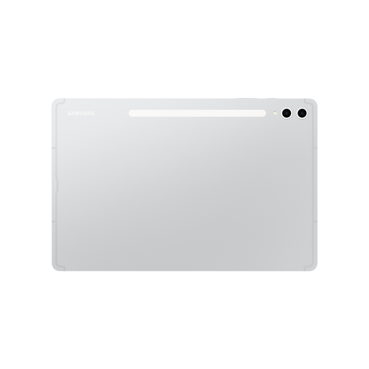 Vue arrière d'une tablette argentée montrant les lentilles de l'appareil photo, le logo Samsung et un emplacement pour stylet.