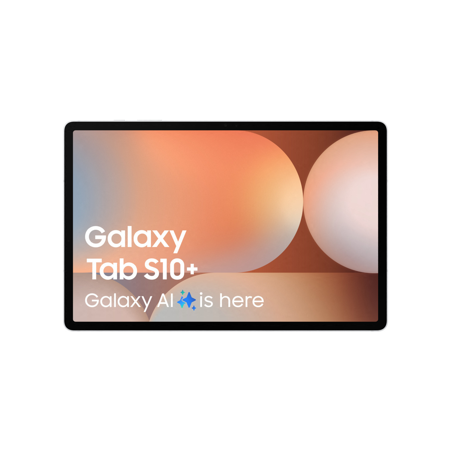 Tablette Samsung Galaxy Tab S10+ avec texte sur l'écran. Fond blanc.
