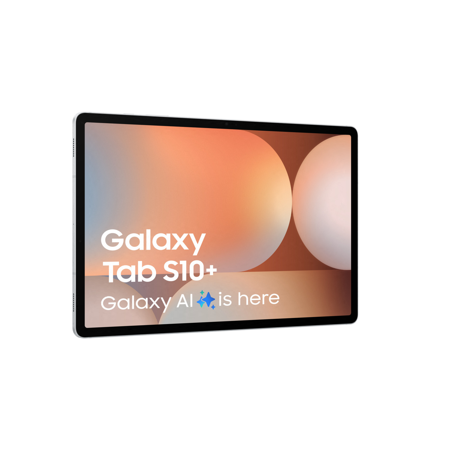 Une tablette avec un écran affichant le texte : Galaxy Tab S10+ Galaxy AI est là. Fond blanc.