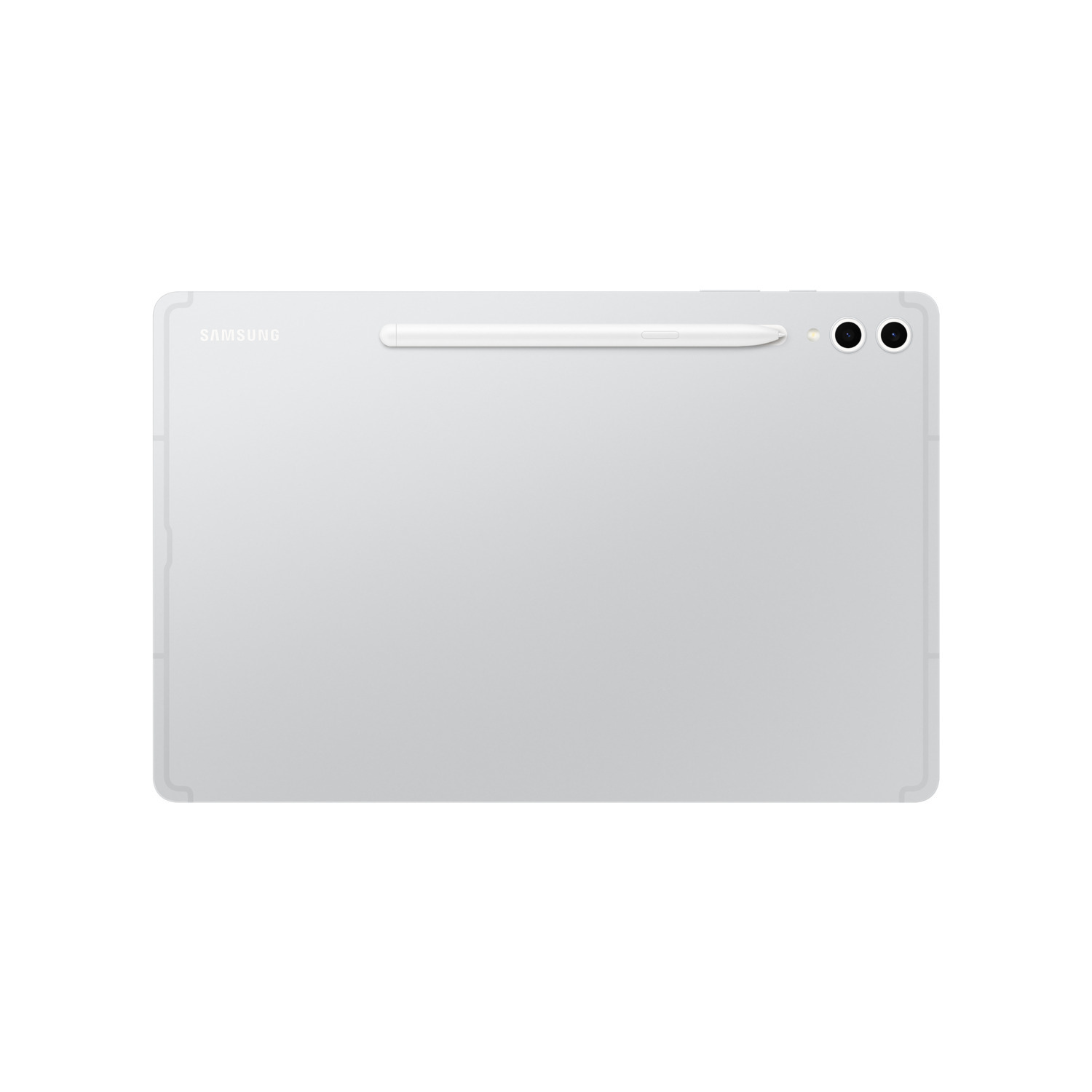 Vue arrière d'une tablette grise avec un stylet attaché. Deux objectifs d'appareil photo.
