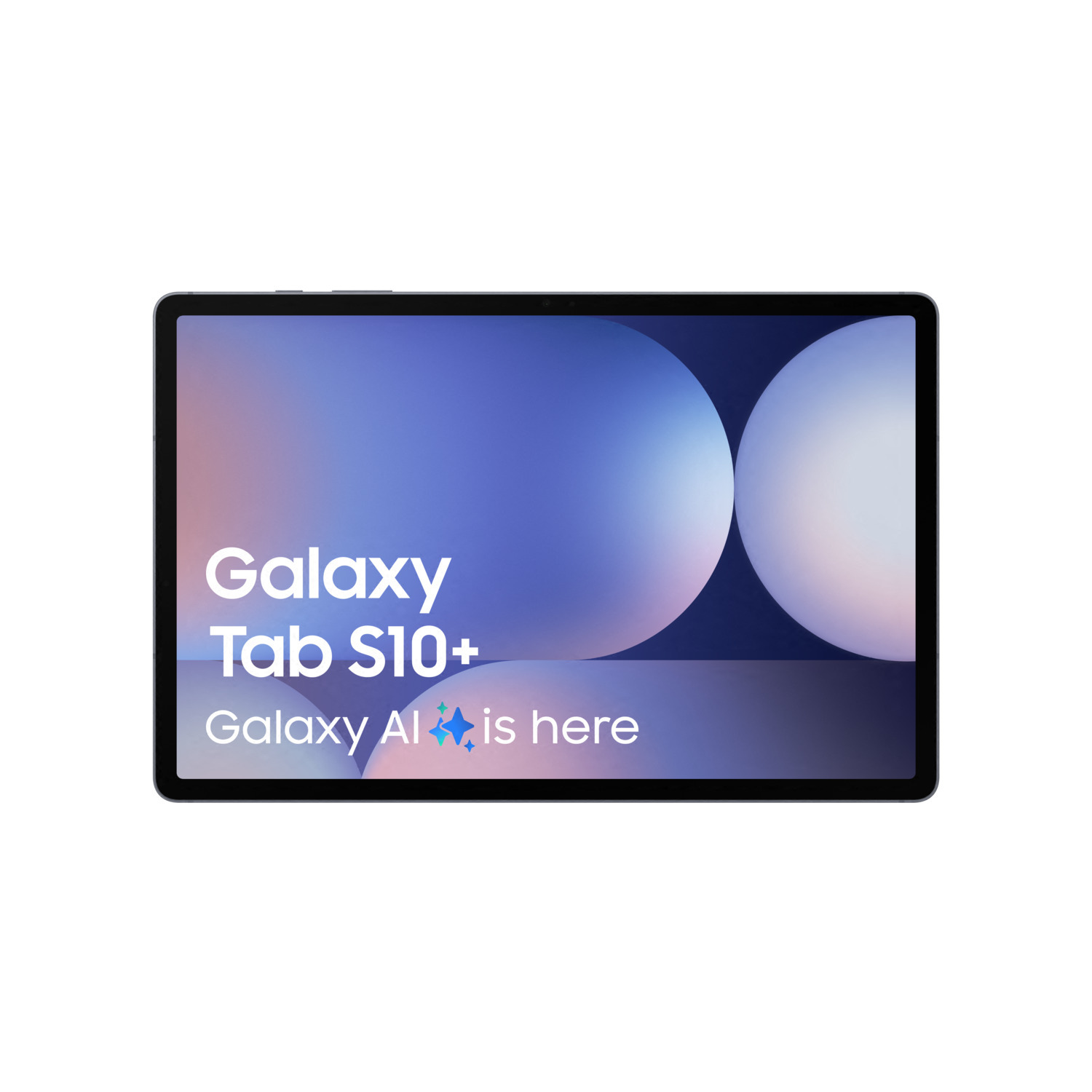 Samsung Galaxy Tab S10+ tablet with text and a blurred background.