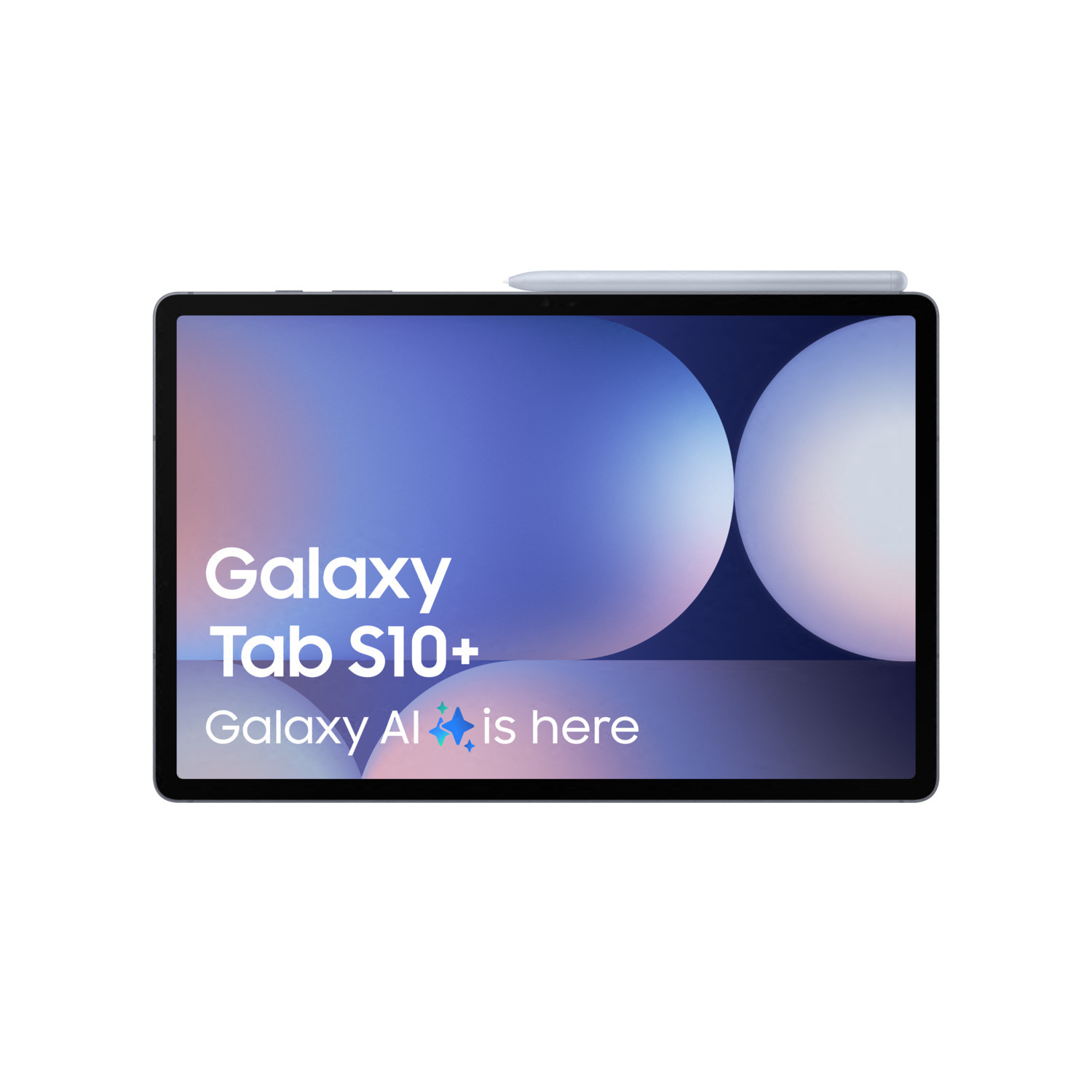 Tablet with a blue and white screen, with text about the Galaxy Tab S10+.