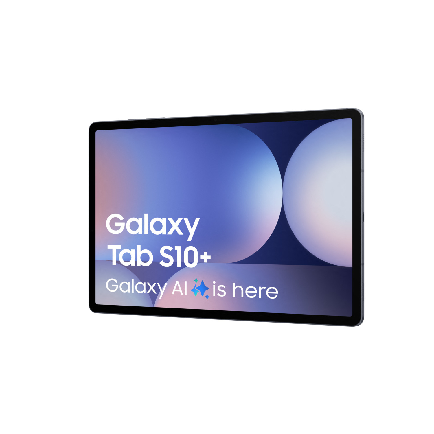 A tablet with a blue screen and text. Background is a blue and white blurry design.