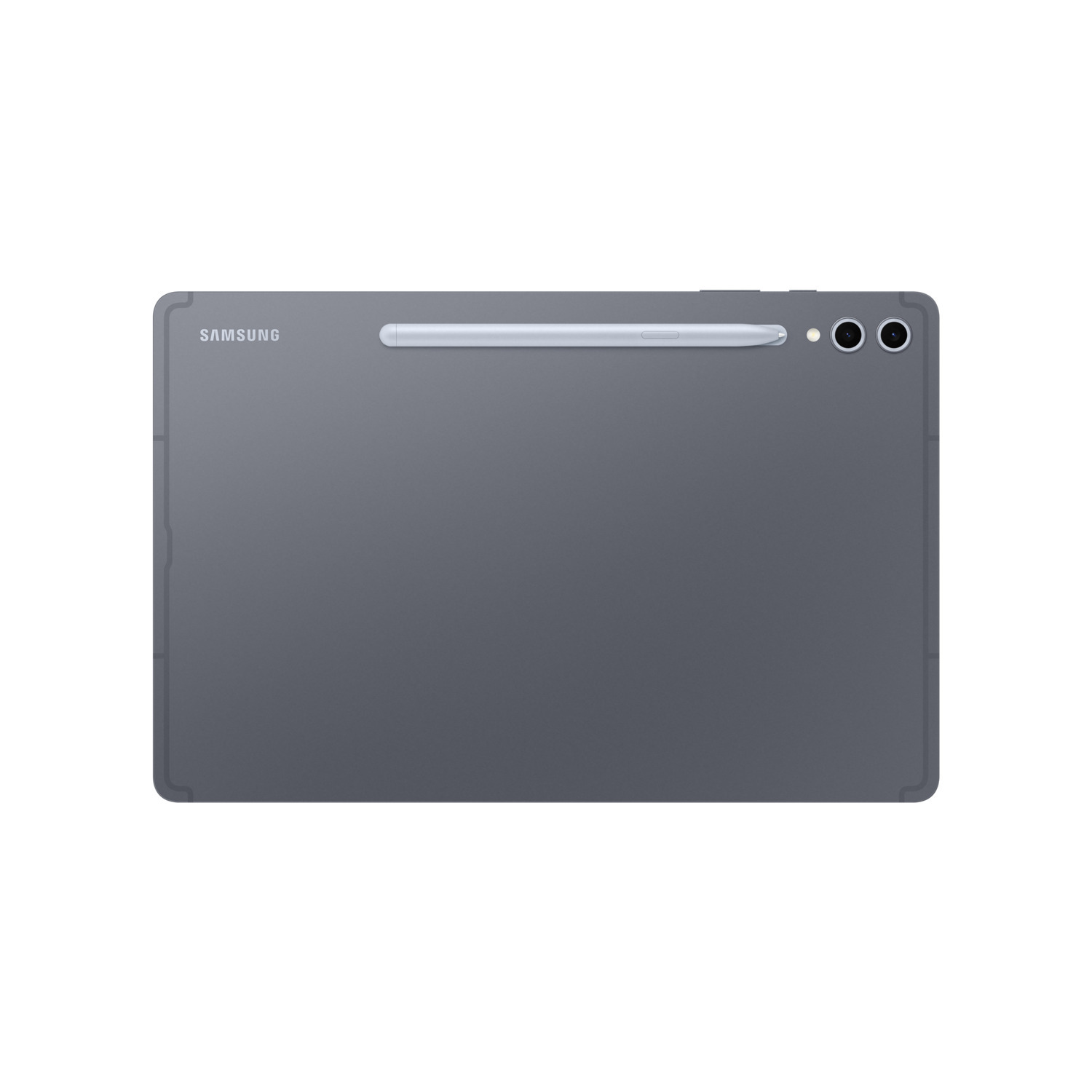 Gray tablet, stylus, and rear cameras are on a white surface. The Samsung logo is visible.