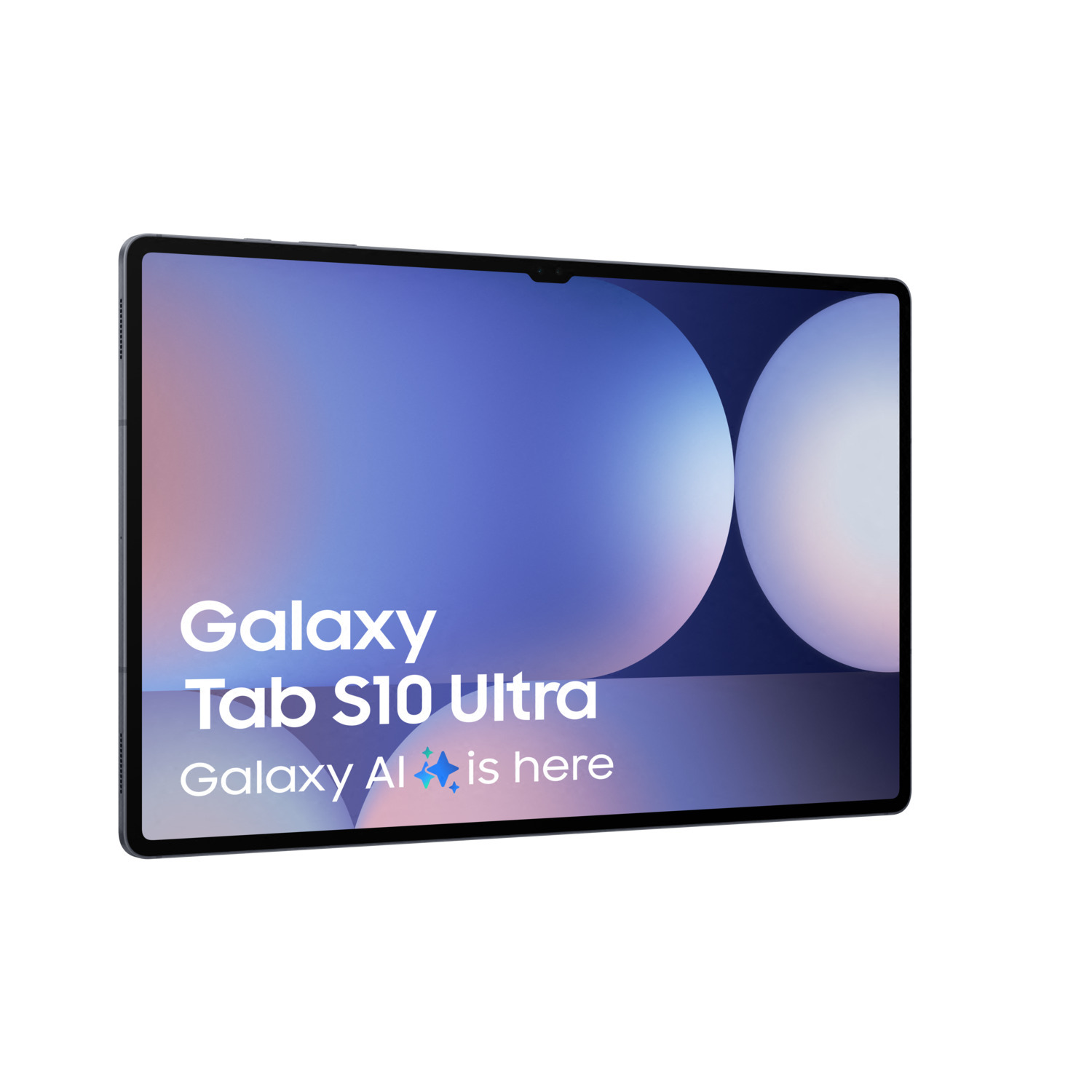 Tablet. Galaxy Tab S10 Ultra text. Display shows a blue background with white circles.