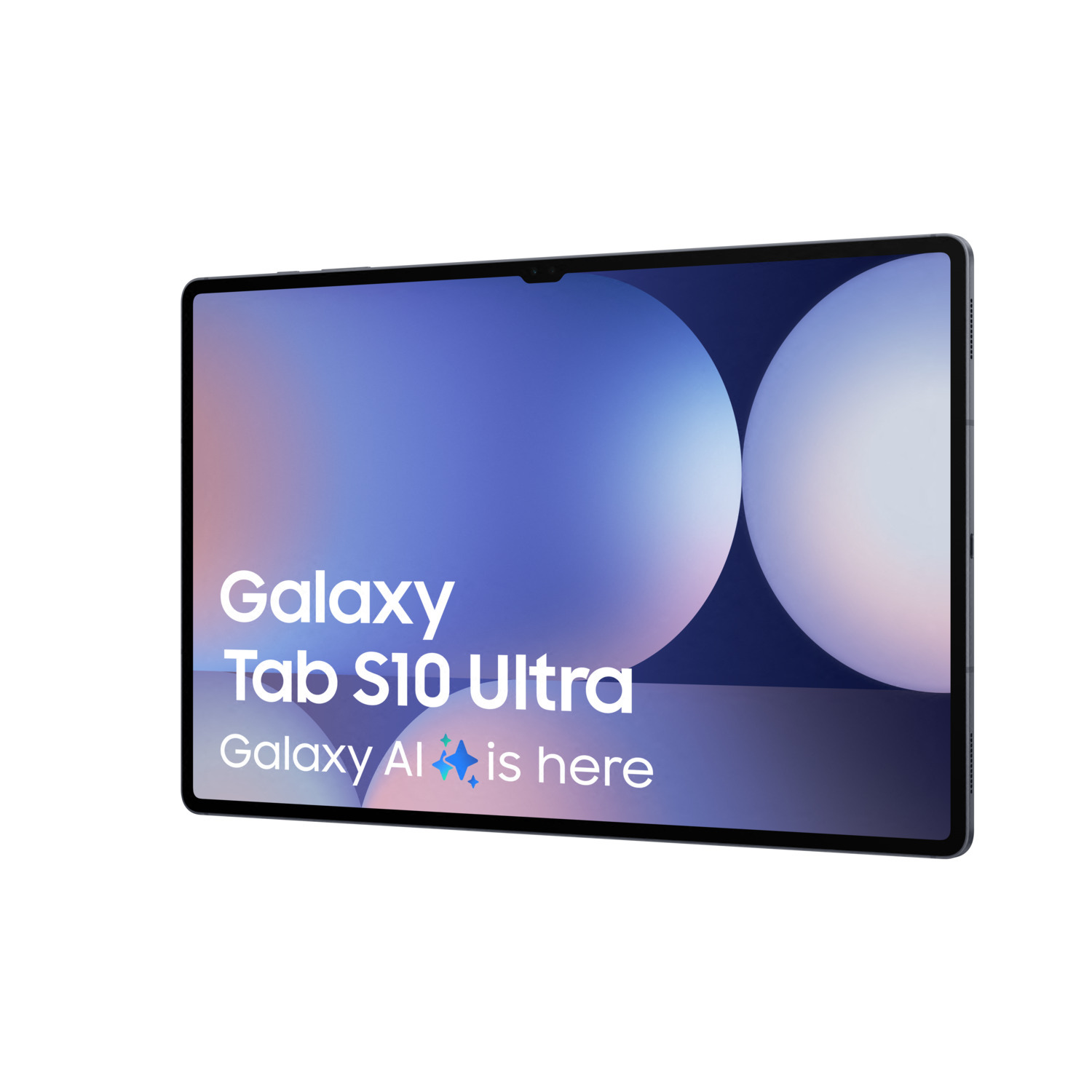 Tablet Galaxy Tab S10 Ultra with text, blue and white background, Galaxy AI is here.