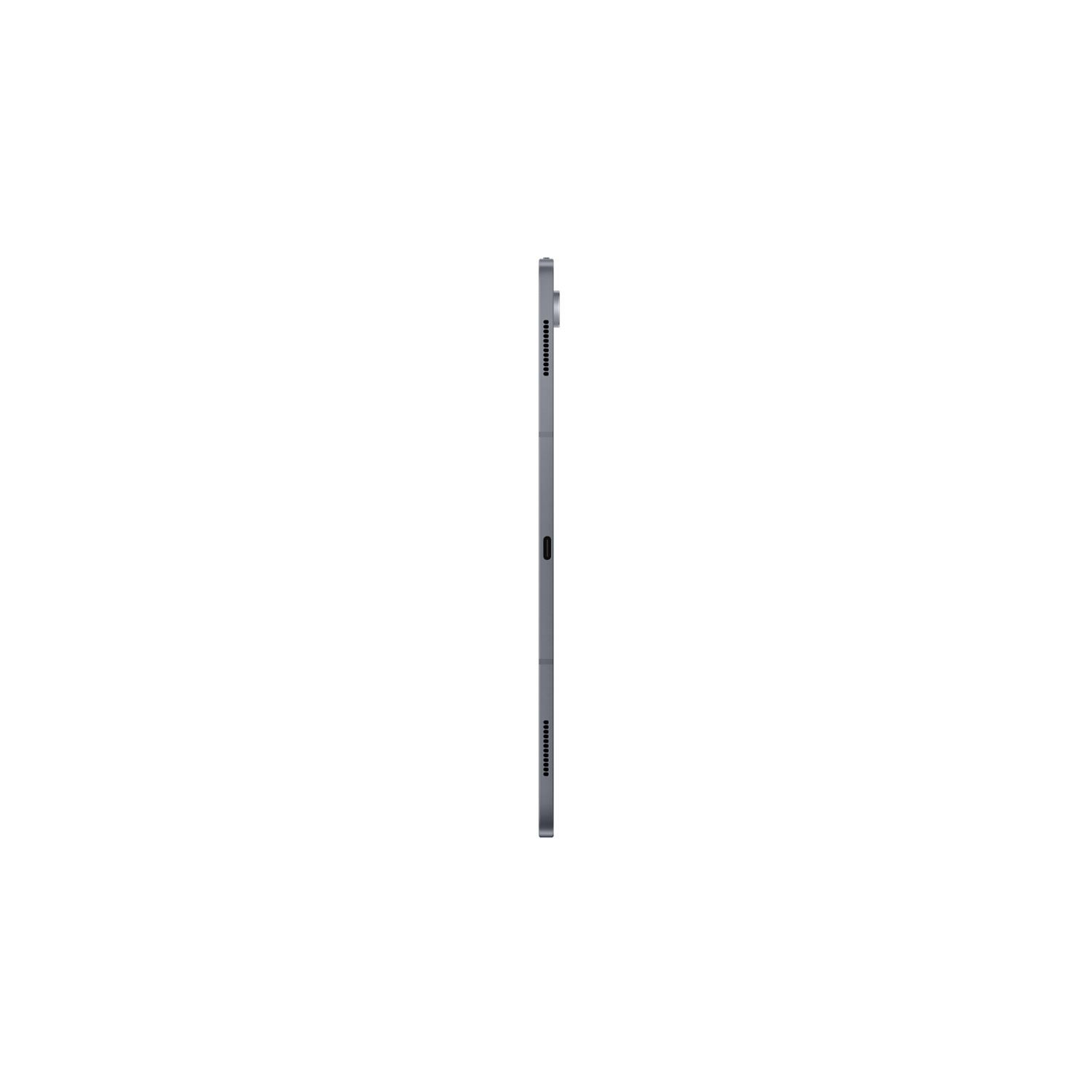 A tablet in profile on a white background. The frame is gray.