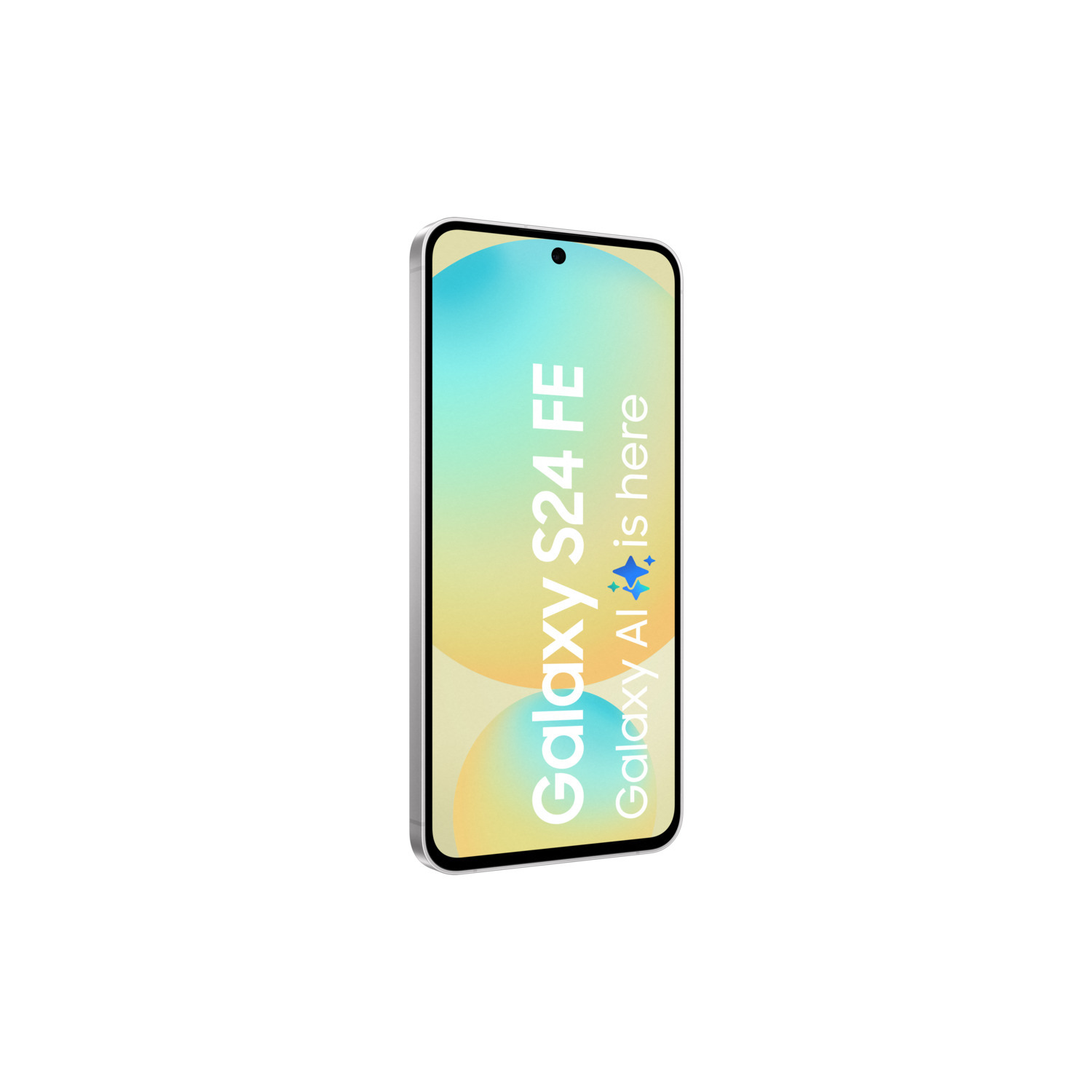 Lichtblauwe telefoon met tekst "Galaxy S24 FE" en "Galaxy AI is here".