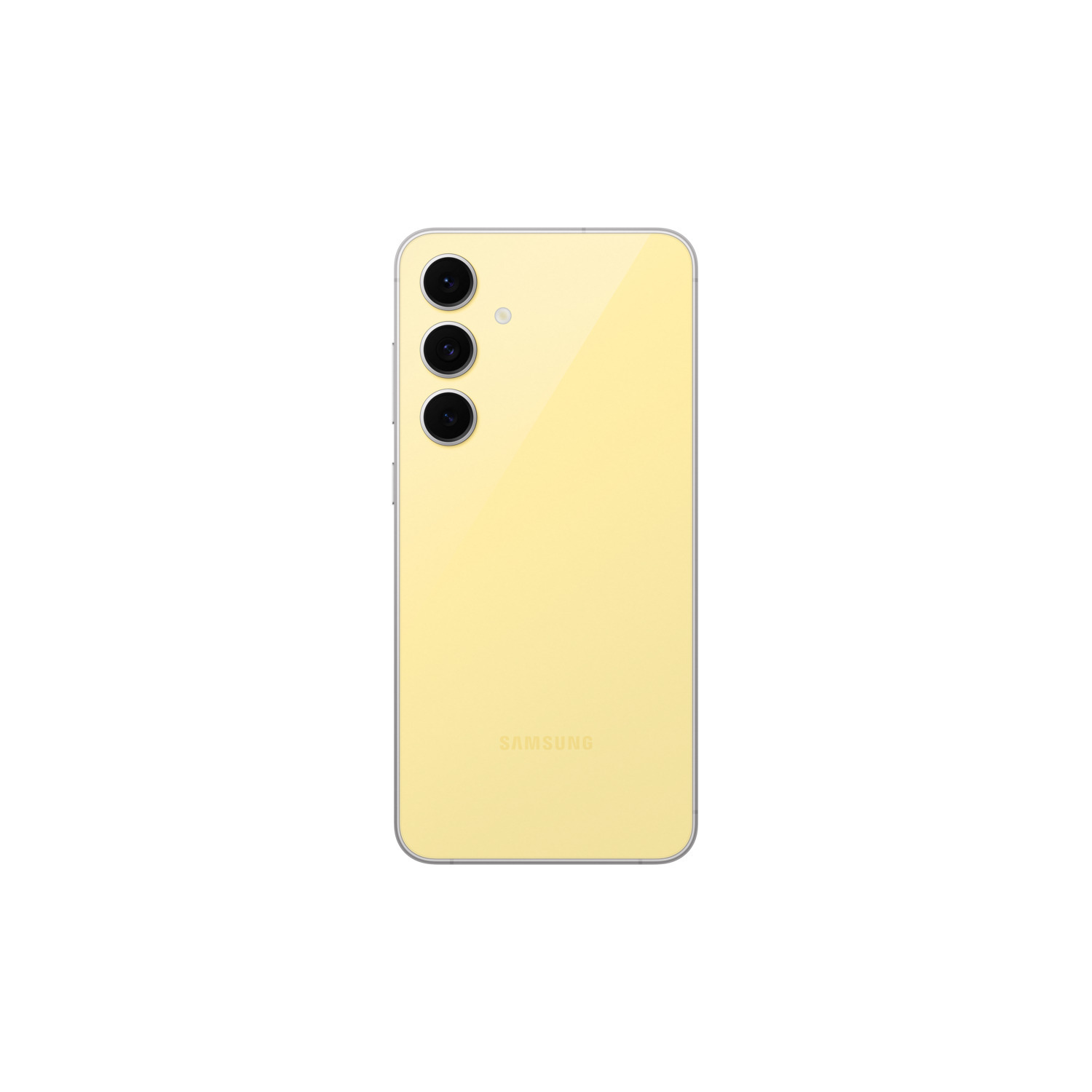 Gele smartphone achterkant, drie zwarte camera's en een camerasensor. Witte achtergrond.