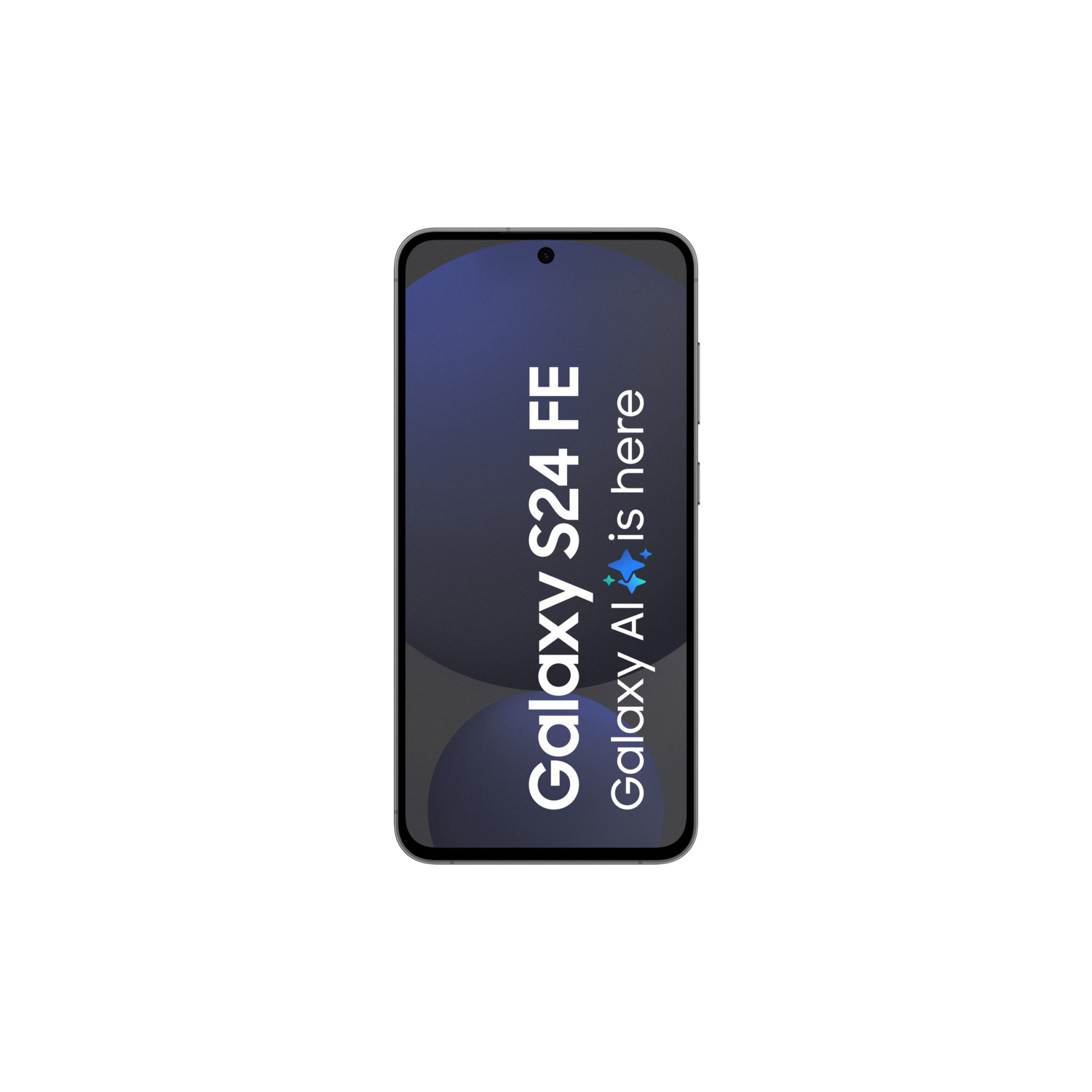 Mobile phone with text "Galaxy S24 FE" and "Galaxy AI is here" on screen.