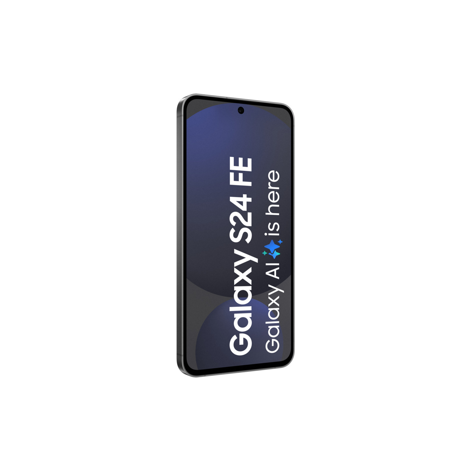 Samsung Galaxy S24 FE, black phone with text: Galaxy AI is here.