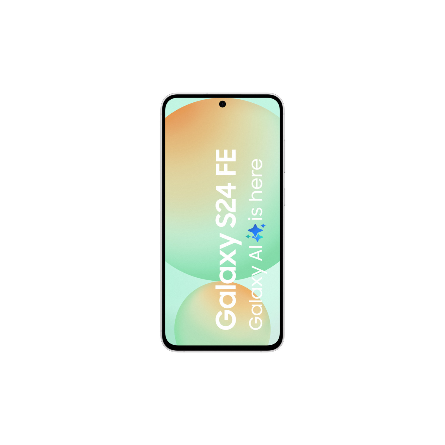 Smartphone screen showing "Galaxy S24 FE" and "Galaxy AI is here" with a colored background.