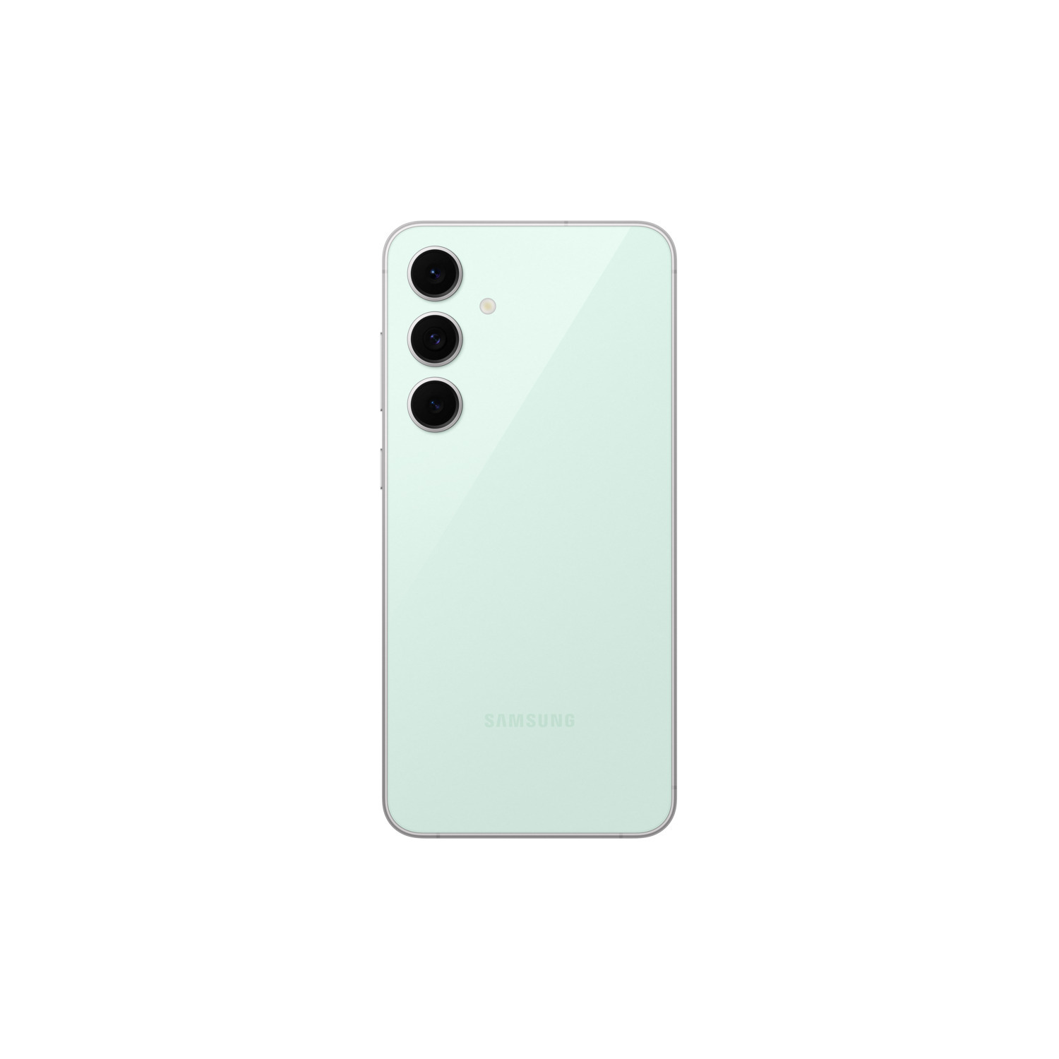 The back of a green phone with three cameras. The Samsung logo is below.
