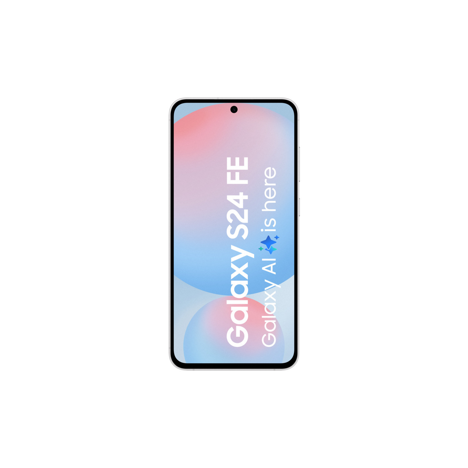Smartphone, witte rand, scherm met roze en blauwe gradiënt, tekst Galaxy S24 FE.