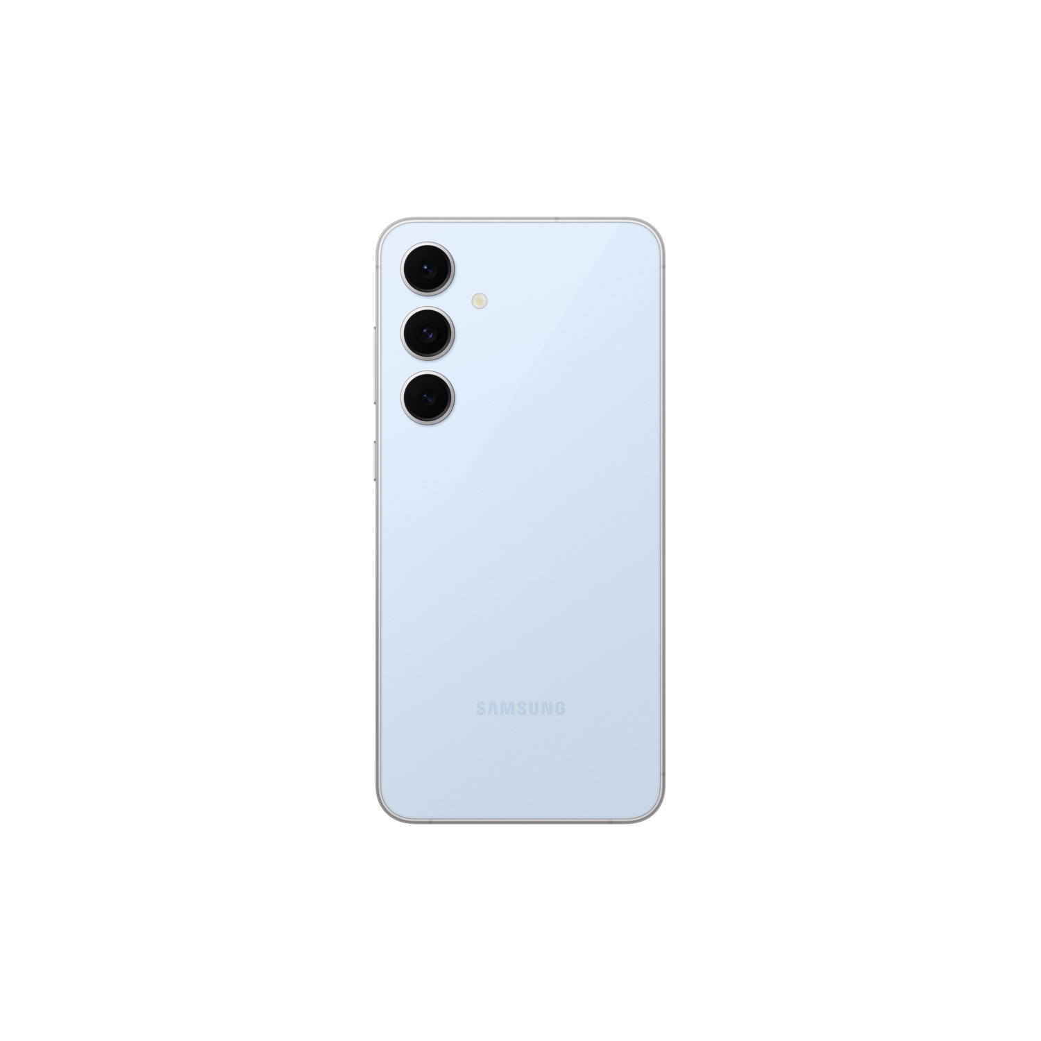 Achterkant van een lichtblauwe telefoon met 3 camera's. Het Samsung-logo staat onderaan.