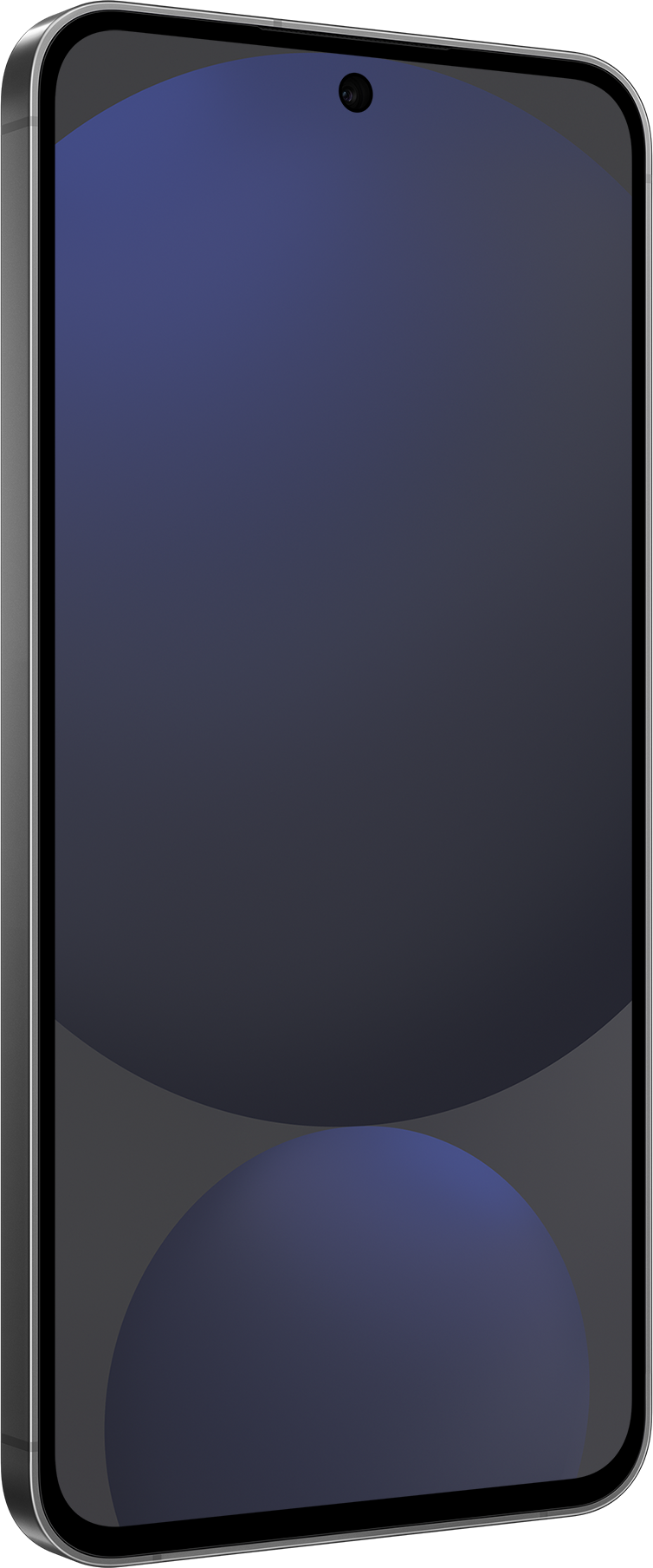 Smartphone argento, vista laterale, schermo nero con cerchi blu.
