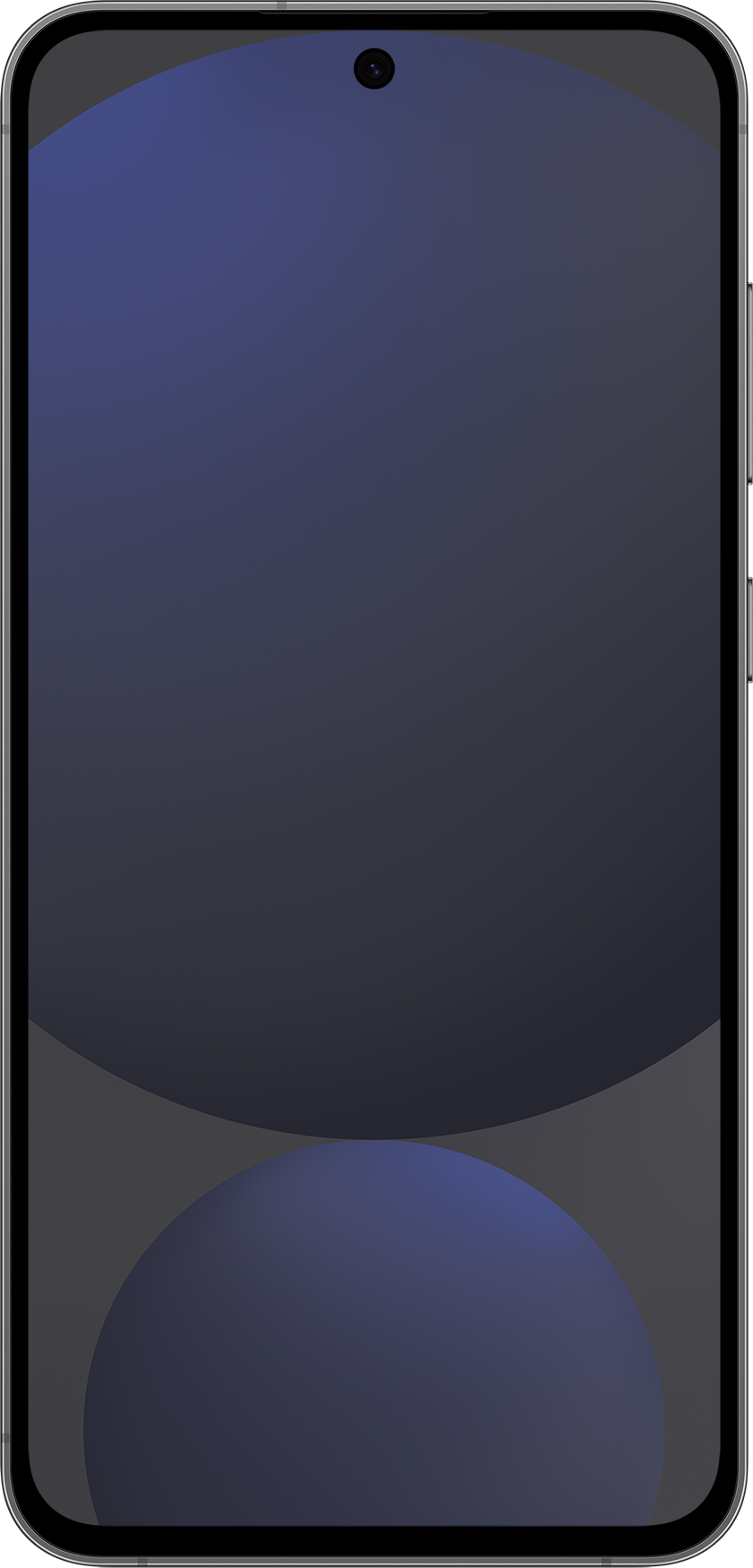 Smartphone con design circolare blu scuro sullo schermo. Il telefono è grigio.