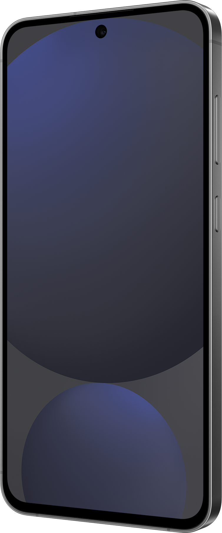 Smartphone grigio con schermo blu scuro. Obiettivo fotocamera visibile.