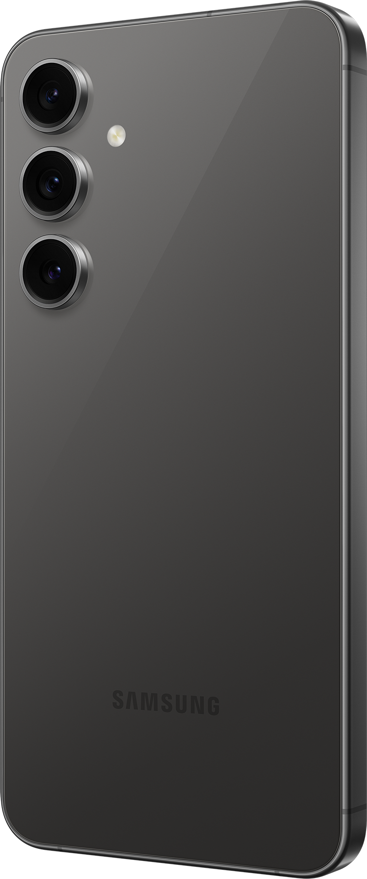 Smartphone grigio con tre fotocamere posteriori. Il logo Samsung è visibile. Il telefono è su sfondo bianco.