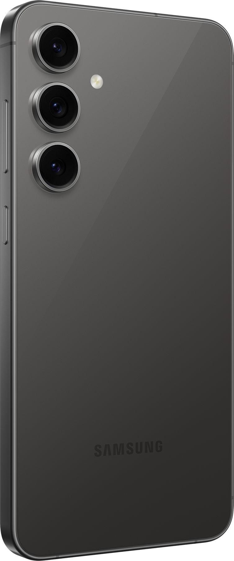Telefono Samsung grigio scuro. Tre obiettivi della fotocamera sono allineati verticalmente sul retro. Il logo Samsung è visibile.