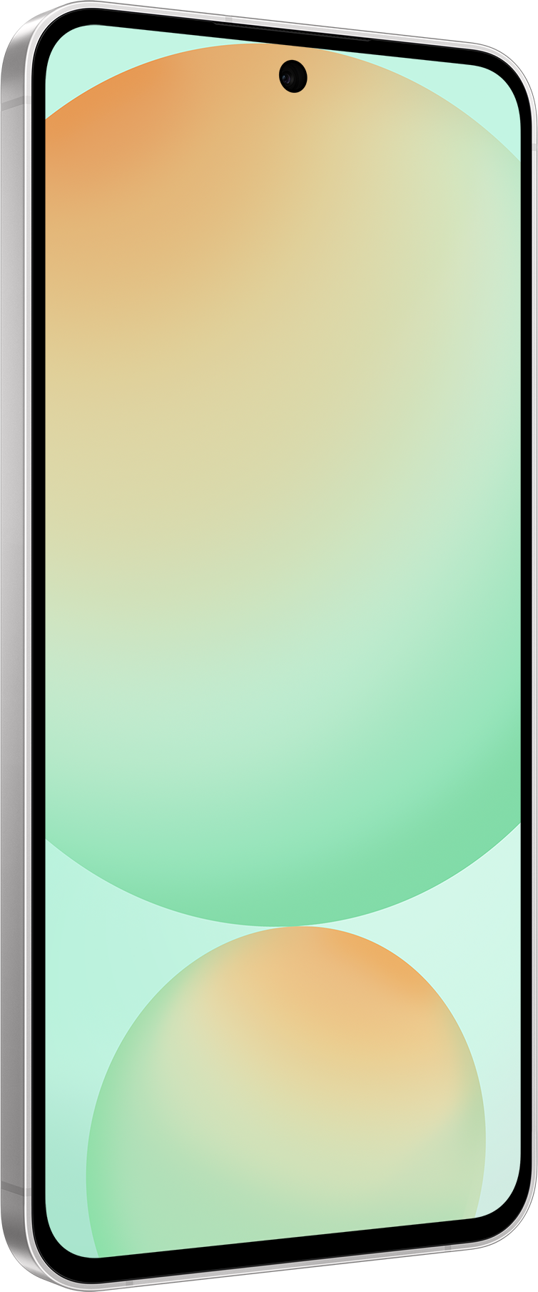 Smartphone, weißer Rahmen, Bildschirm mit orange-grünem Farbverlauf, Perspektivansicht.