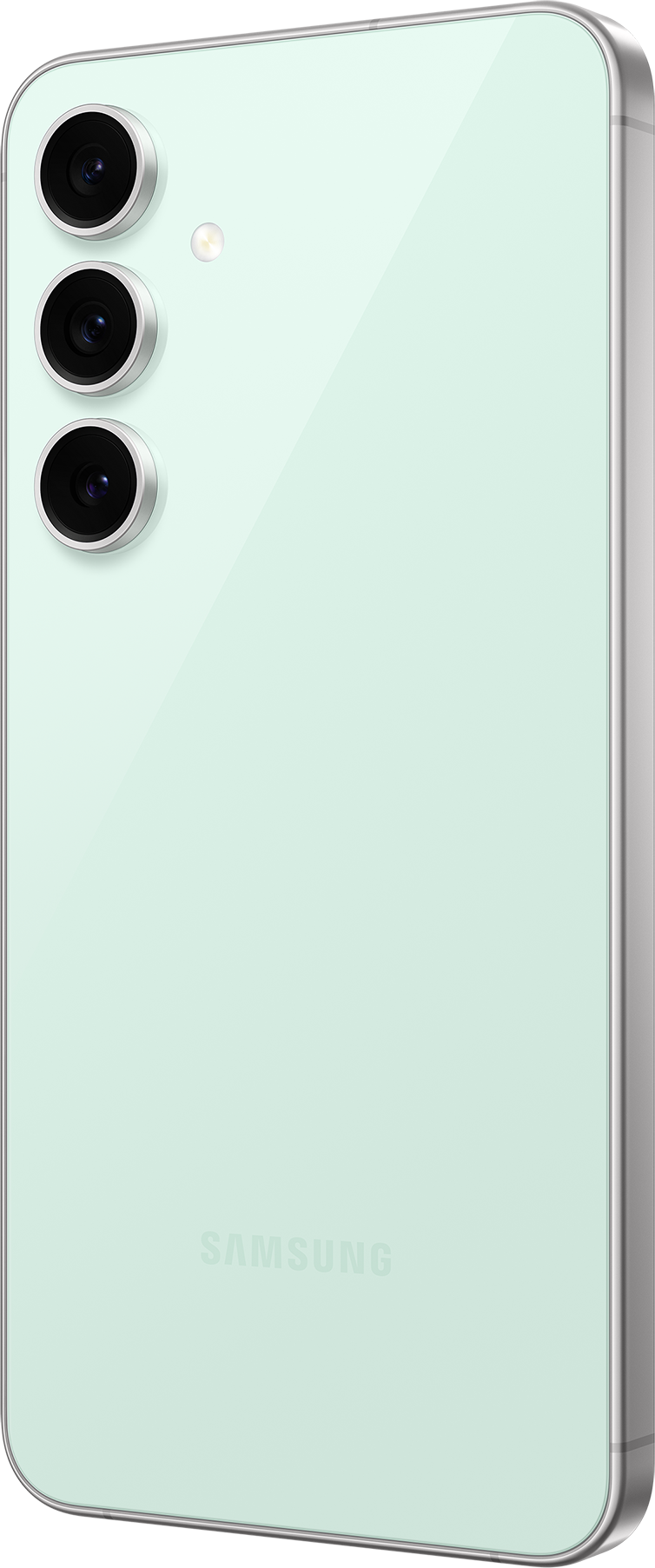 Ein Smartphone in hellgrün mit drei Kameras. Das Telefon hat einen silbernen Rahmen.