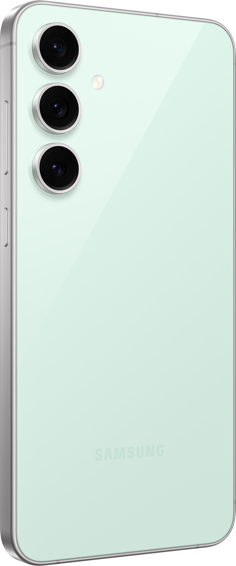 Rückseite eines mintgrünen Telefons mit drei Kameras und einem Samsung-Logo.