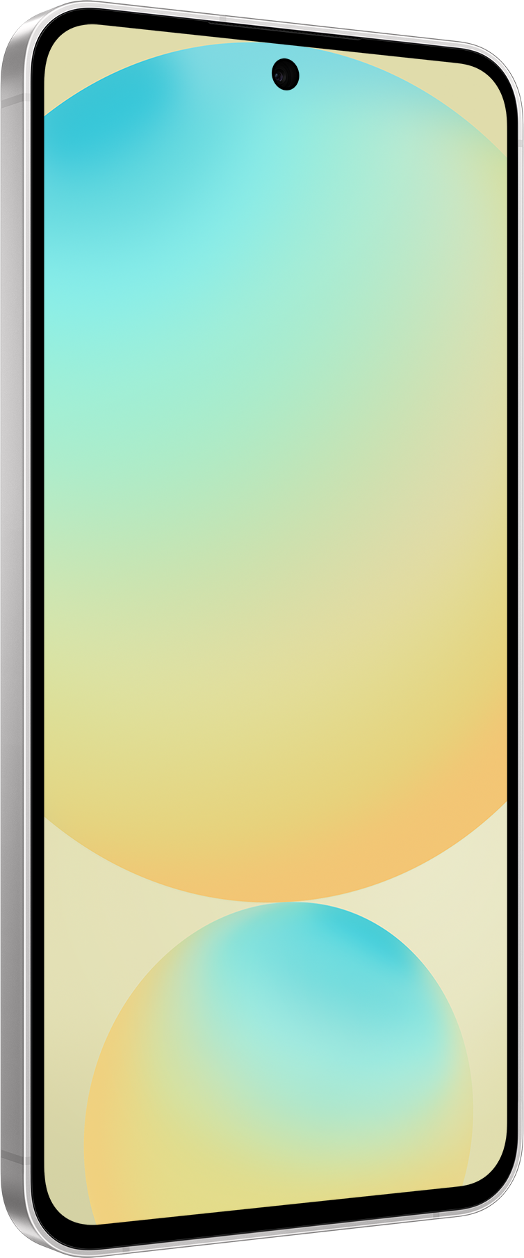 Silbernes Smartphone mit einem blau-gelben Farbverlauf auf dem Bildschirm, schräge Ansicht.