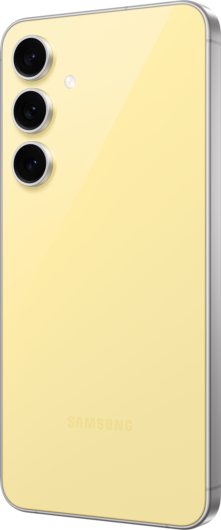 Ein gelbes Smartphone mit drei Kameras. Die Rückseite ist sichtbar. Silberne Ränder sind vorhanden.