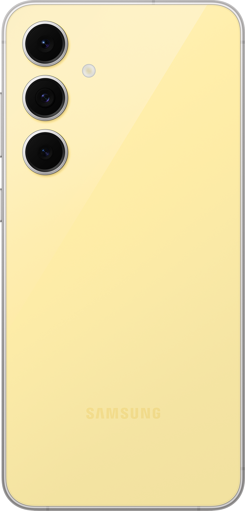 Gelbe Samsung Smartphone-Rückseite mit Kameras. Schwarzer Hintergrund.