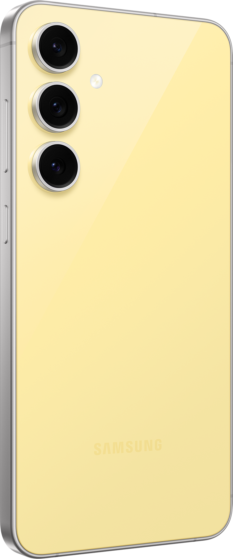 Die Rückseite eines gelben Smartphones mit drei Kameralinsen. Das Samsung-Logo befindet sich unten.