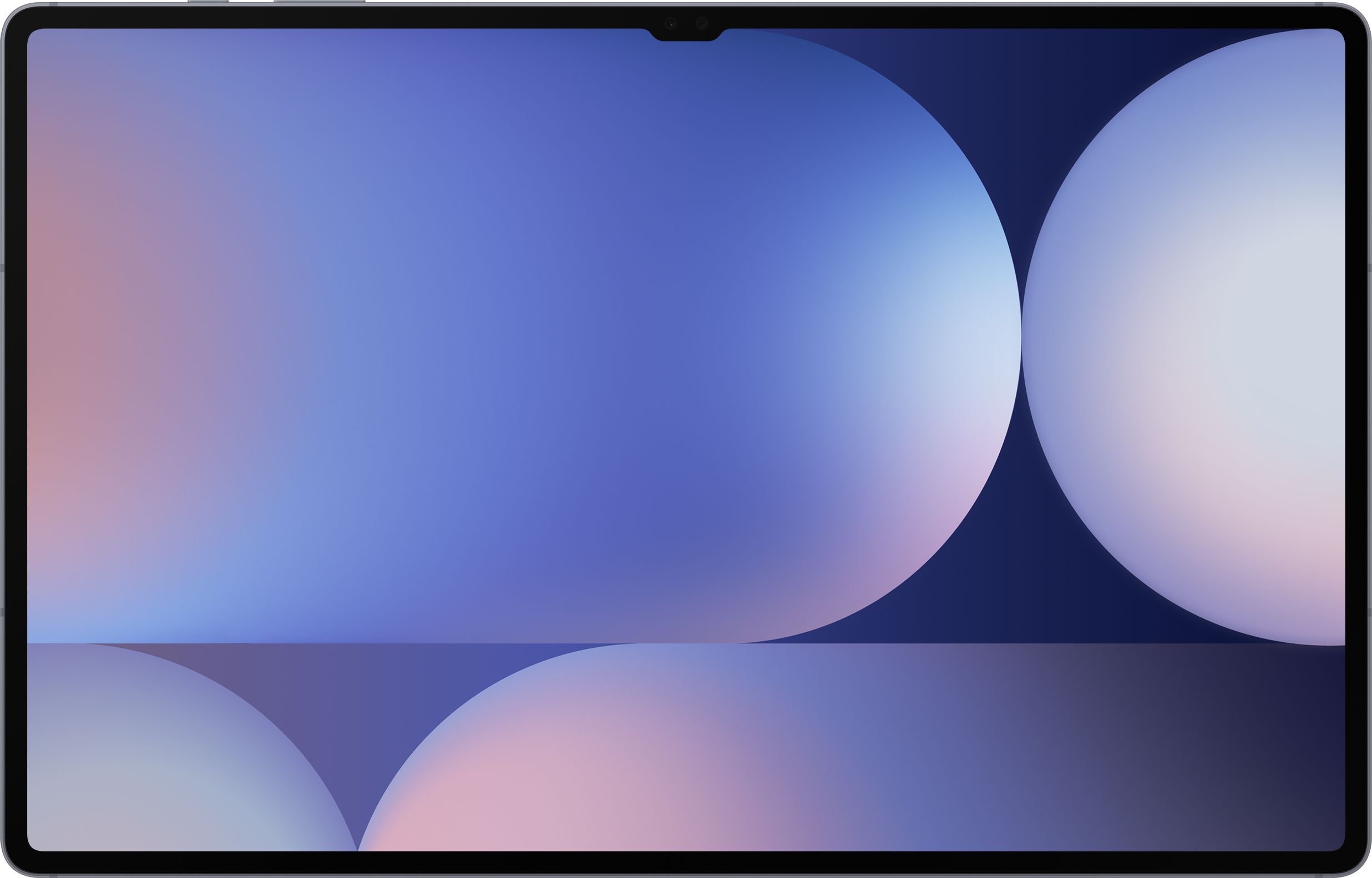 Ein Tablet, das ein abstraktes Bild von blauen und weißen kreisförmigen Formen auf dunklem Hintergrund zeigt.