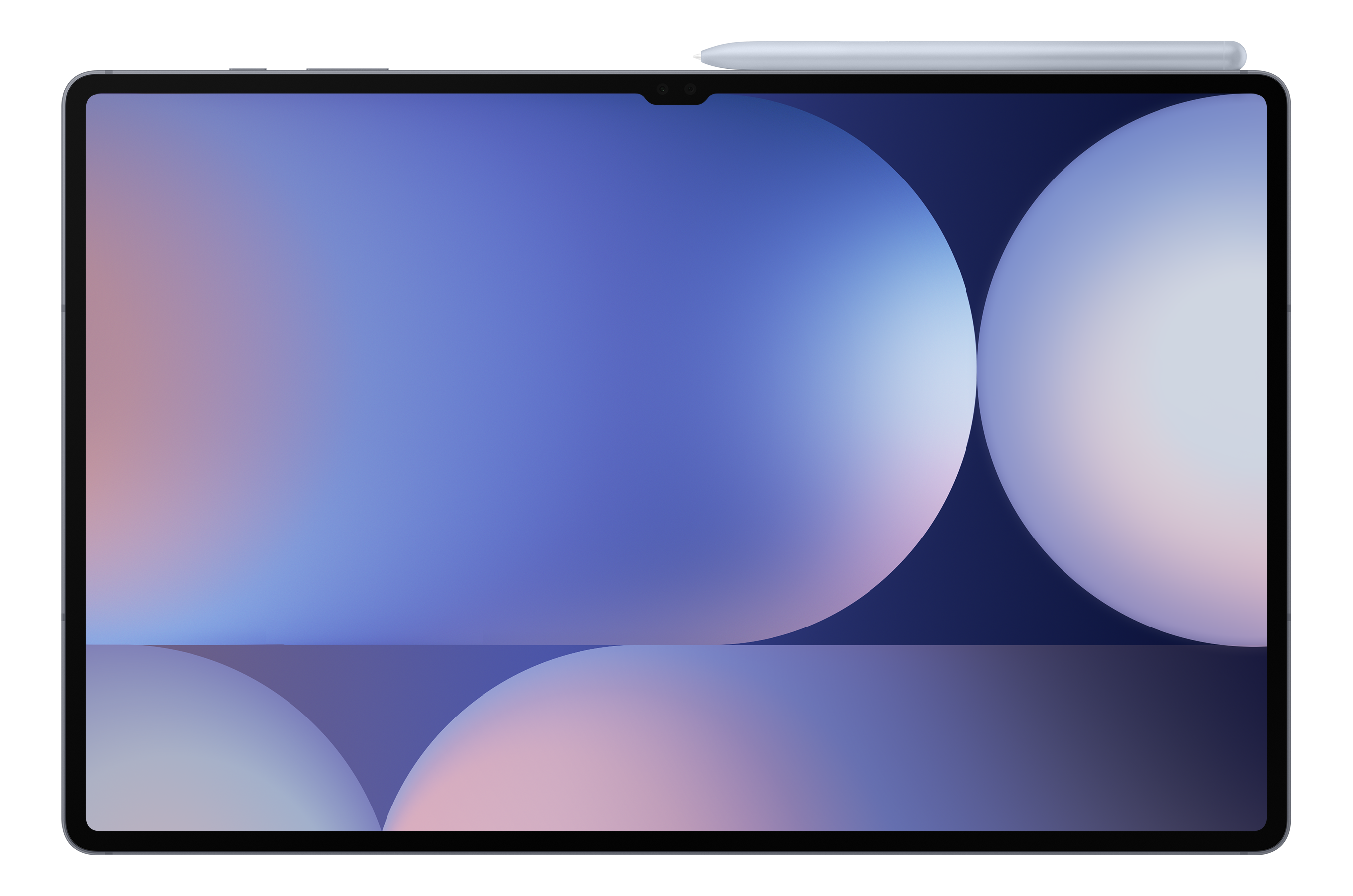 Ein Tablet mit einem abstrakten Design in Blau und Lila, mit einem Stift darauf.