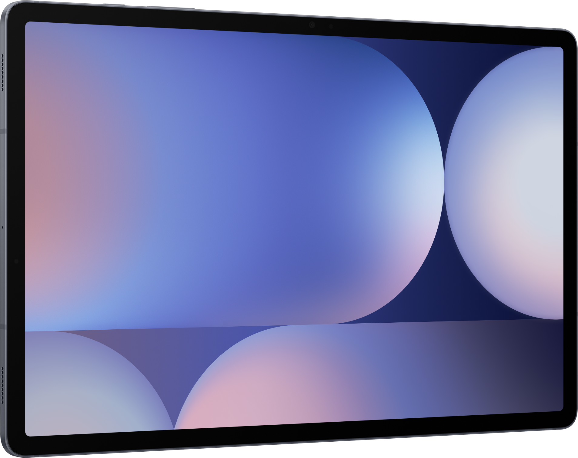 Une tablette avec un fond dégradé bleu et rose est affichée.