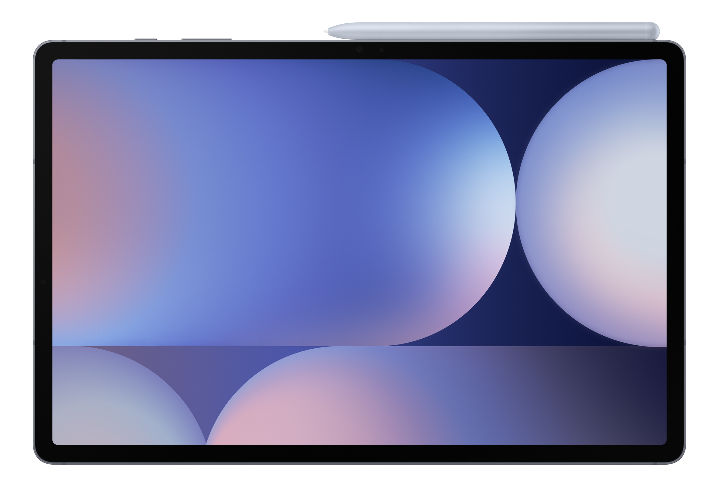 Samsung Galaxy Tab S10+ Tablet mit Stift oben. Der Bildschirm zeigt einen bunten Hintergrund.